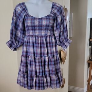 YURA Babydoll Smocked Tiered Plaid Country Flare Flannel Dress Red White Blue M